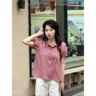 Áo babydoll kẻ caro cổ bèo tay bồng, áo kiểu babydoll kẻ caro – A597