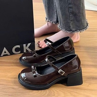 Giày búp bê đế cao 5p lolita nữ quai ngang nơ đỏ đô Giày Mary Jane mũi vuông da bóng 454