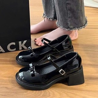 Giày búp bê đế cao 5p lolita nữ quai ngang nơ đỏ đô Giày Mary Jane mũi vuông da bóng 454
