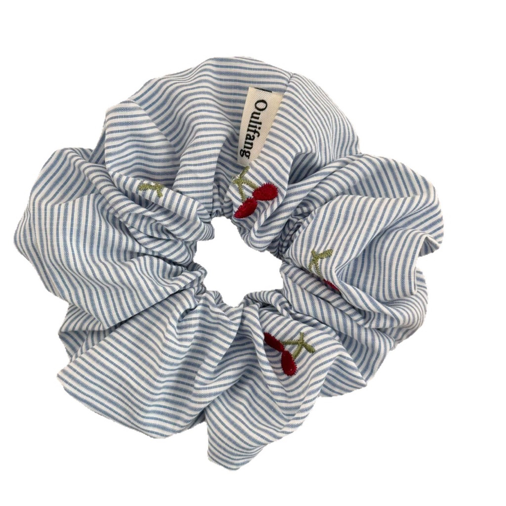 Dây buộc tóc scrunchies sọc đỏ xanh thêu nữ bản to, chun buộc tóc co giãn phong cách thanh lịch