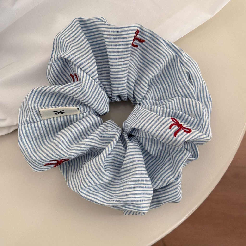 Dây buộc tóc scrunchies sọc đỏ xanh thêu nữ bản to, chun buộc tóc co giãn phong cách thanh lịch