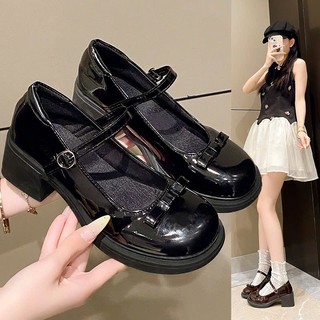 Giày búp bê đế cao 5p lolita nữ quai ngang nơ đỏ đô Giày Mary Jane mũi vuông da bóng 454