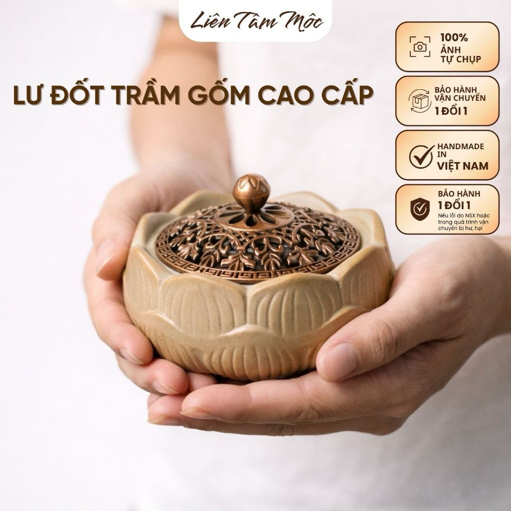 Lư xông trầm hoa sen, Lư gốm xông trầm thủ công dùng để đốt nụ trầm hương, bột trầm hương, nhang vòng, Decor Phật Giáo