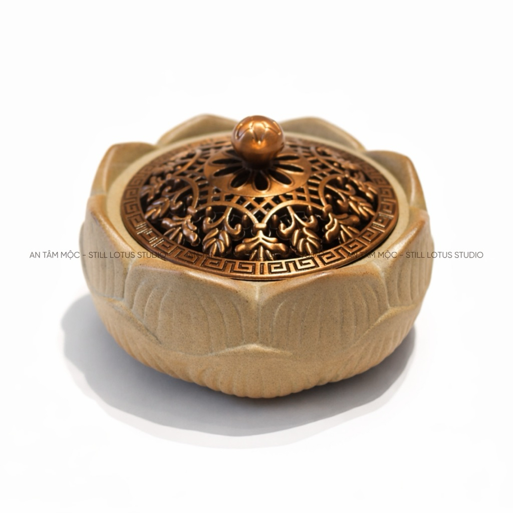 Lư xông trầm hoa sen, Lư gốm xông trầm thủ công dùng để đốt nụ trầm hương, bột trầm hương, nhang vòng, Decor Phật Giáo