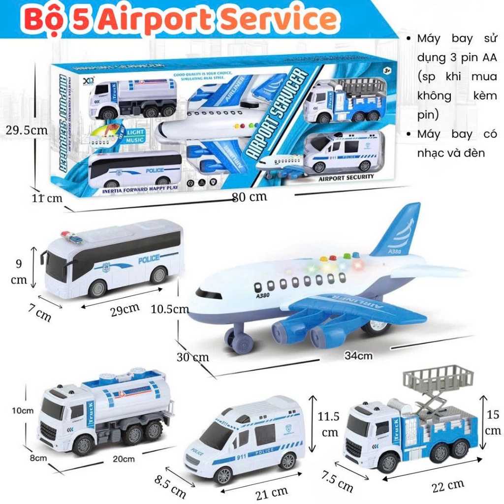 Set 5 Xe Sân Bay Cảnh Sát Chạy Đà Cỡ Lớn Cho Bé Máy Bay  - Đồ Chơi PUPU HOUSE