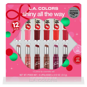 Bộ 12 sản phẩm son môi L.A. Colors Shiny All The Way, bao gồm sáu thỏi son bóng và sáu thỏi son thỏi