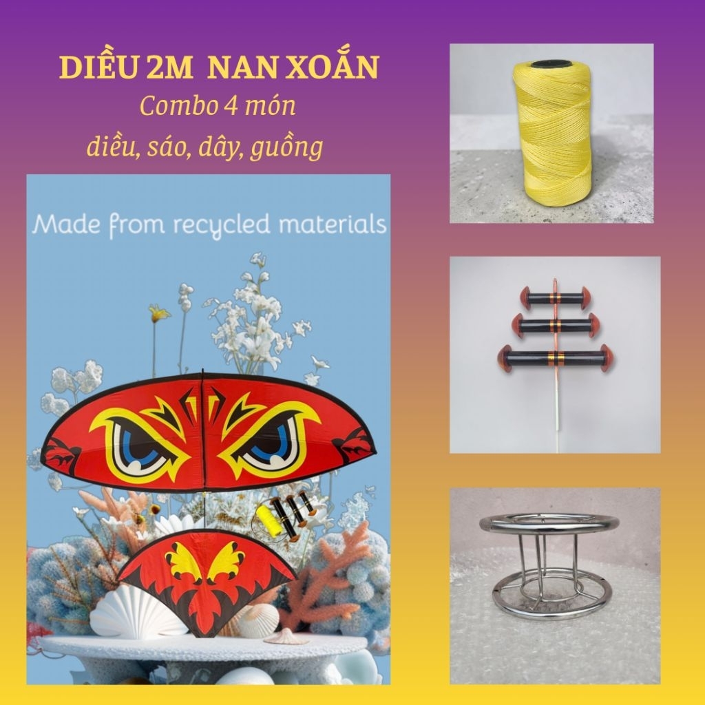 Combo diều 2m nan xoắn 4 món đuôi cá: diều. sáo 3 D27. dây 300m x 1.1. guồng D15