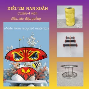 Combo diều 2m nan xoắn 4 món đuôi cá: diều. sáo 3 D27. dây 300m x 1.1. guồng D15