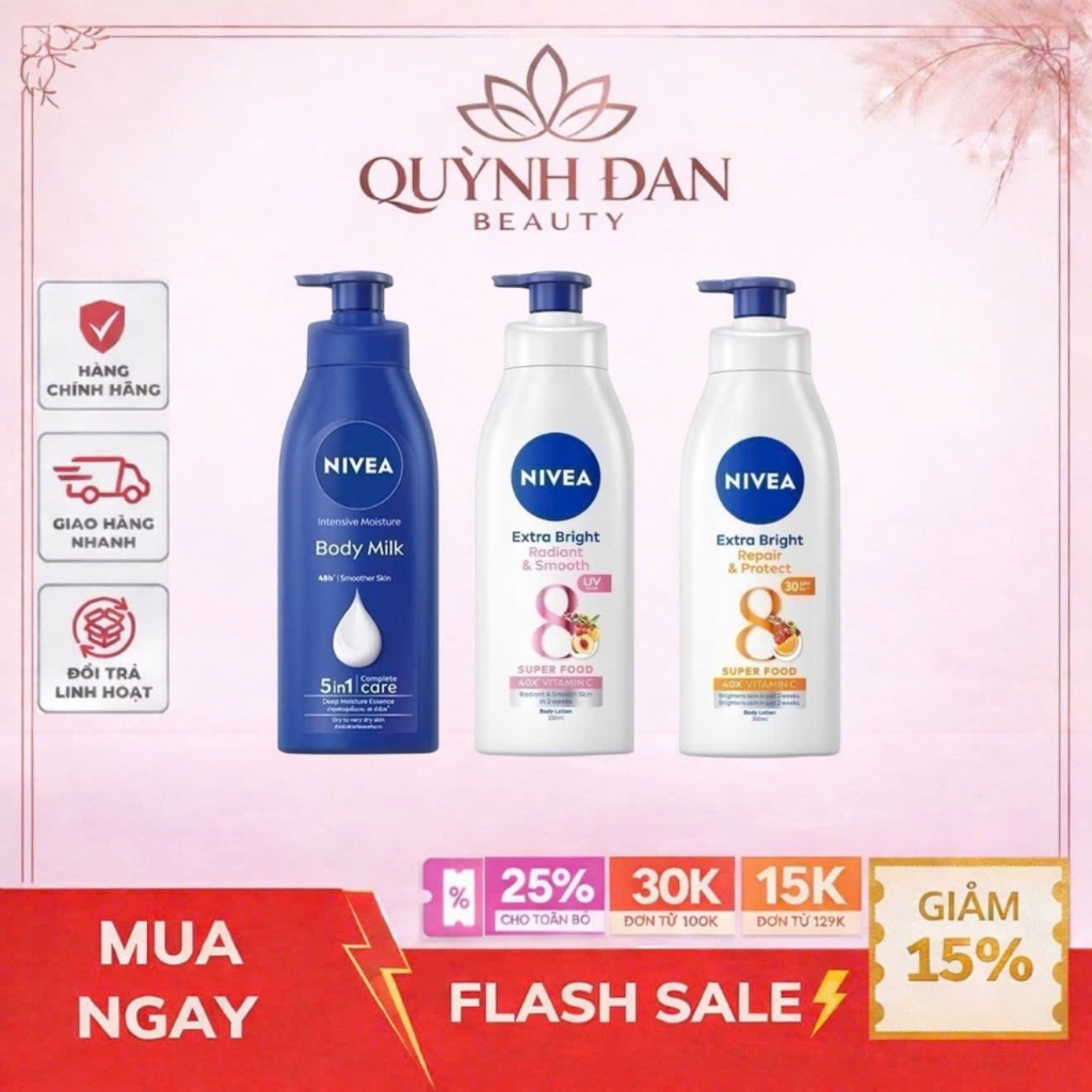 Sữa Dưỡng Thể NIVEA Phục Hồi & Chống Nắng ,Mịn Mượt | Sáng Da Ban Ngày 8 Super Foods  (350 ml)