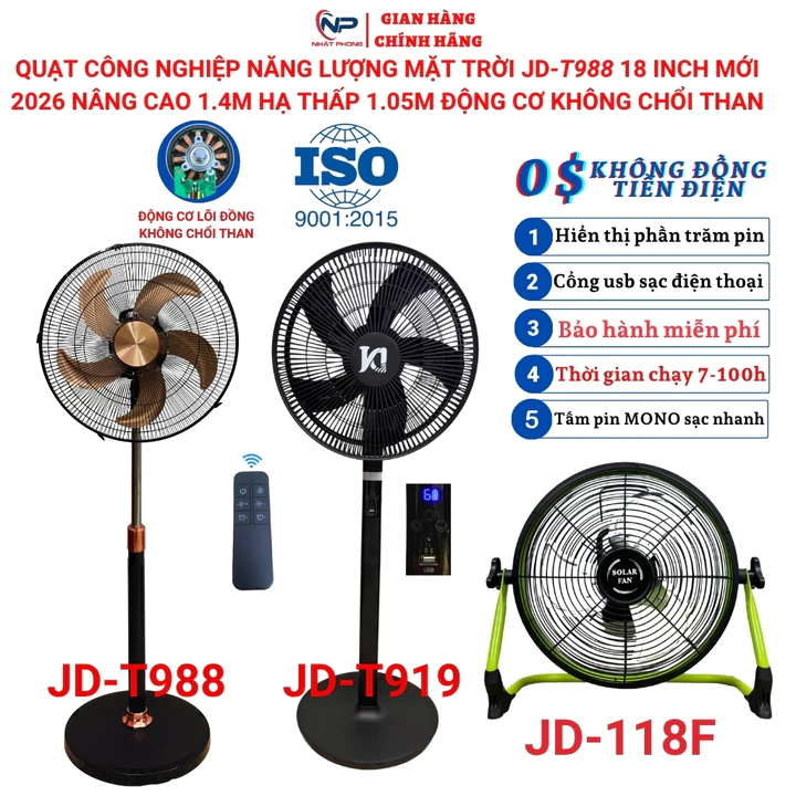 Quạt năng lượng mặt trời,quạt tích điện 919T mẫu mới 2026,điều khiển,báo pin,động cơ không chổi than,cổng usb Củ sạc220V