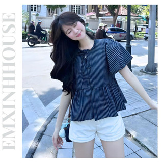 (EMXINH House) Áo Sọc Nhí Cổ Bèo Thắt Nơ Tay Xòe Form Babydoll Freesize 2 Màu Thanh Lịch Dễ Phối Váy Quần - Áo Sơ Mi