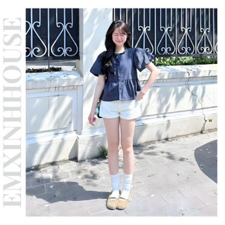 (EMXINH House) Áo Sọc Nhí Cổ Bèo Thắt Nơ Tay Xòe Form Babydoll Freesize 2 Màu Thanh Lịch Dễ Phối Váy Quần - Áo Sơ Mi