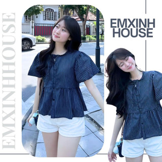 (EMXINH House) Áo Sọc Nhí Cổ Bèo Thắt Nơ Tay Xòe Form Babydoll Freesize 2 Màu Thanh Lịch Dễ Phối Váy Quần - Áo Sơ Mi