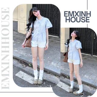 (EMXINH House) Áo Sọc Nhí Cổ Bèo Thắt Nơ Tay Xòe Form Babydoll Freesize 2 Màu Thanh Lịch Dễ Phối Váy Quần - Áo Sơ Mi