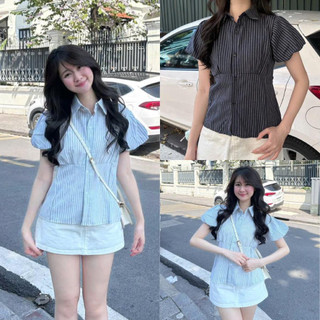 Áo Kiểu Nữ Sọc Dọc Babydoll Tay Cánh Tiên Cổ Nơ Nhẹ Nhàng, Freesize 2 Màu Thanh Lịch Dễ Phối, Hot Trend - Áo Sơ Mi