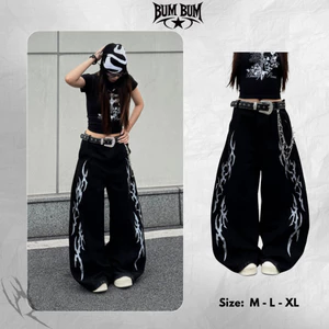 Quần Jean Ống Cong Flame Silver , Quần Jean Nam Nữ Ống Rộng- Street Pant Bum Bum STU