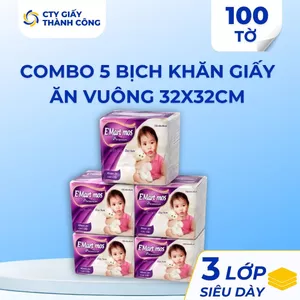 Combo Khăn Giấy Ăn Vuông E’Mart Mos 320x320mm 1 Lớp 100 Tờ Cty Thành Công Không Hóa Chất, Dẻo Dai
