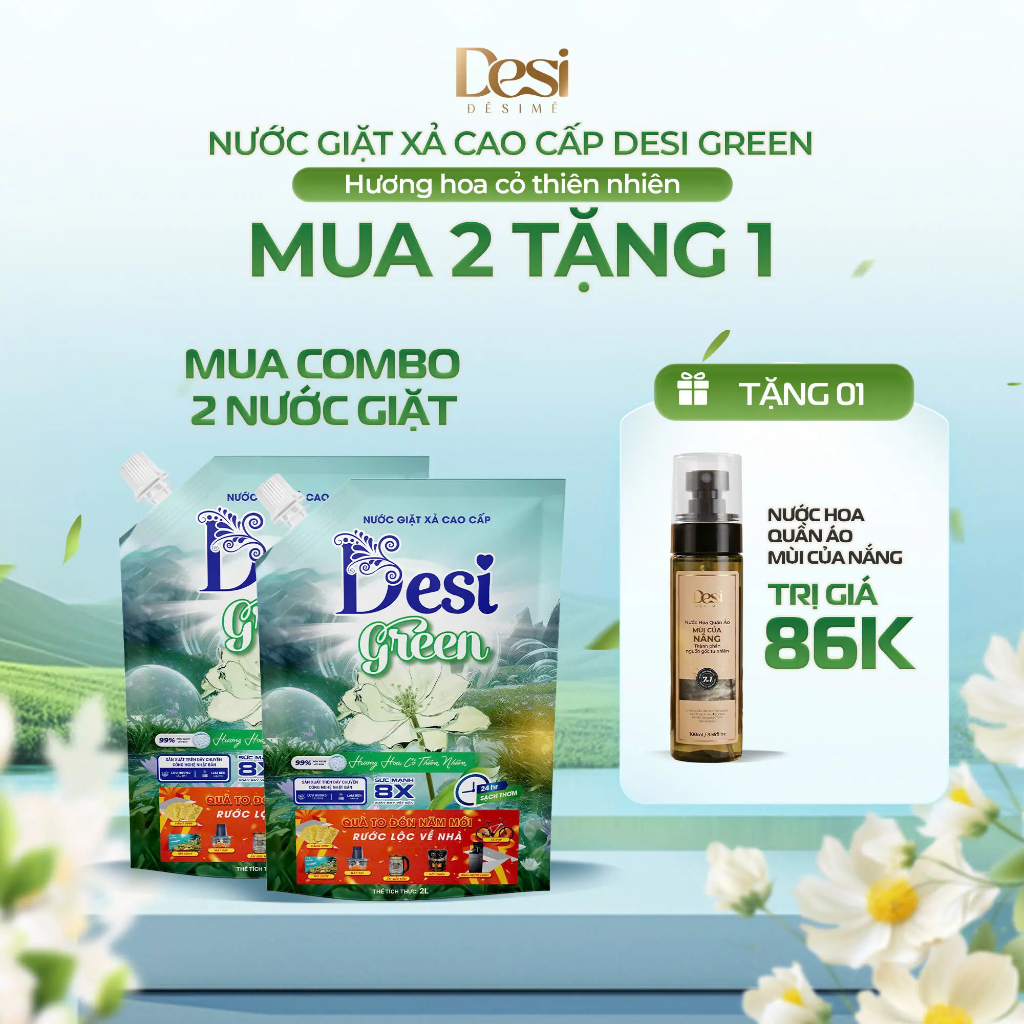 Combo 2 Nước Giặt Xả Desi Green Cao Cấp, Nước Giặt Quần Áo Hương Thơm Từ Pháp Tặng 1 Nước Hoa Quần Áo