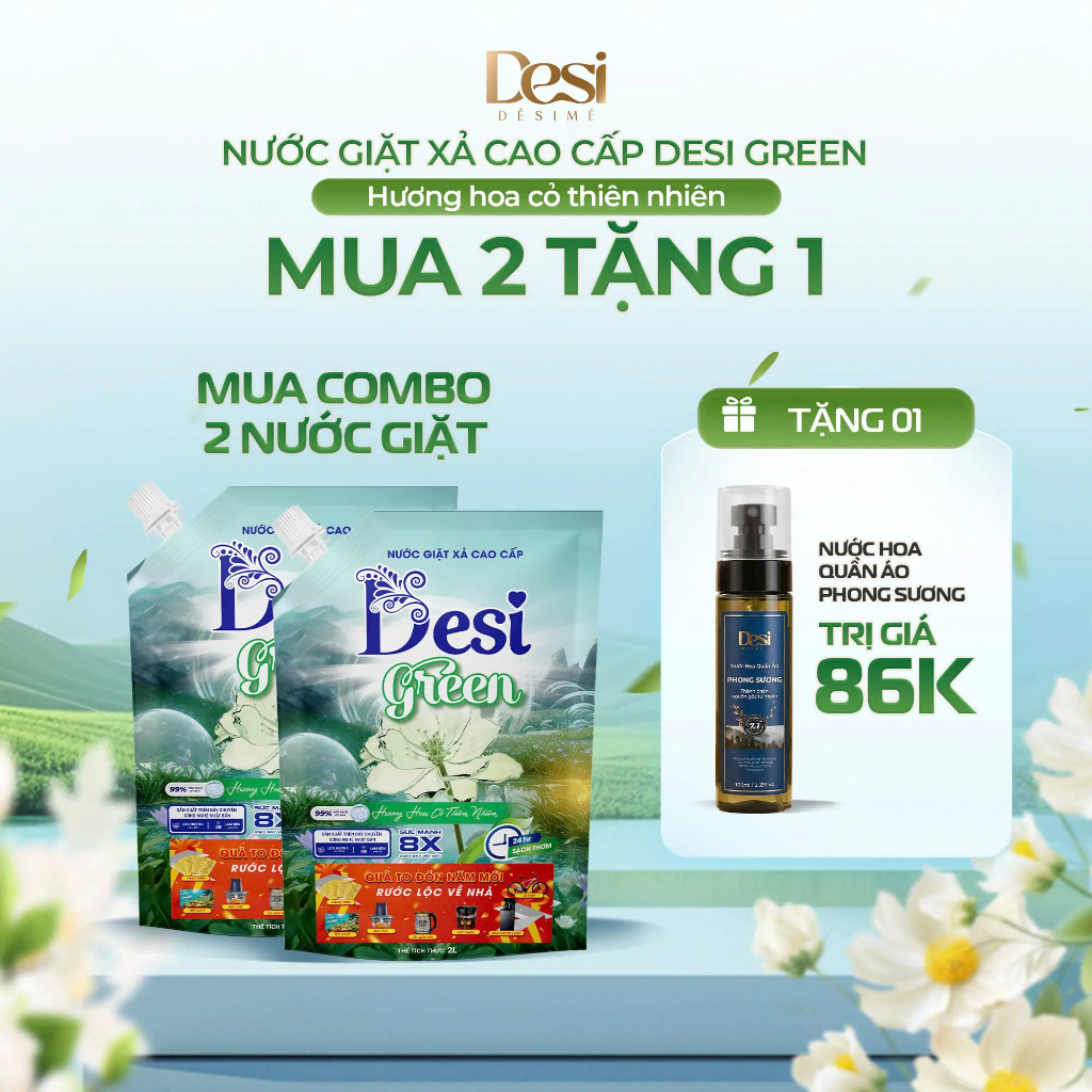 Combo 2 Nước Giặt Xả Desi Green Cao Cấp, Nước Giặt Quần Áo Hương Thơm Từ Pháp Tặng 1 Nước Hoa Quần Áo