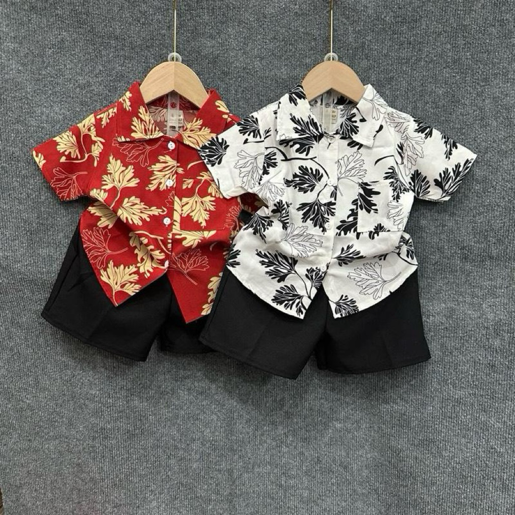 Combo 2 bộ lụa lá đỏ và trắng phong cách mới cho bé trai