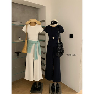 𝐏𝐡𝐢𝐞𝐧 𝐖𝐆𝐖𝐄 | (Sẵn Trắng/Hồng/Xán) w9094 Set Bộ Thun Mát Mùa Hè Áo Cộc Form Ôm Quần Ống Suông Rộng