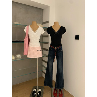 𝐏𝐡𝐢𝐞𝐧 𝐖𝐆𝐖𝐄 | (Sẵn Trắng S) w8902 Áo Thun Cộc Tay Mùa Hè Cổ V Ren Dáng Vừa Vặn