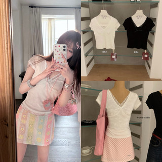 𝐏𝐡𝐢𝐞𝐧 𝐖𝐆𝐖𝐄 | (Sẵn Trắng S) w8902 Áo Thun Cộc Tay Mùa Hè Cổ V Ren Dáng Vừa Vặn