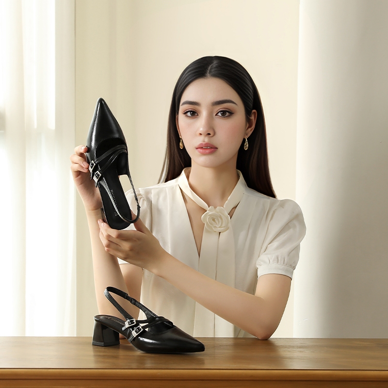 IKUNKA Giày cao gót nữ 4cm Sục Nữ Mũi Nhọn Phối Khoá Chéo 2p Da Mềm Hàng Cao Cấp Full Hộp LV52
