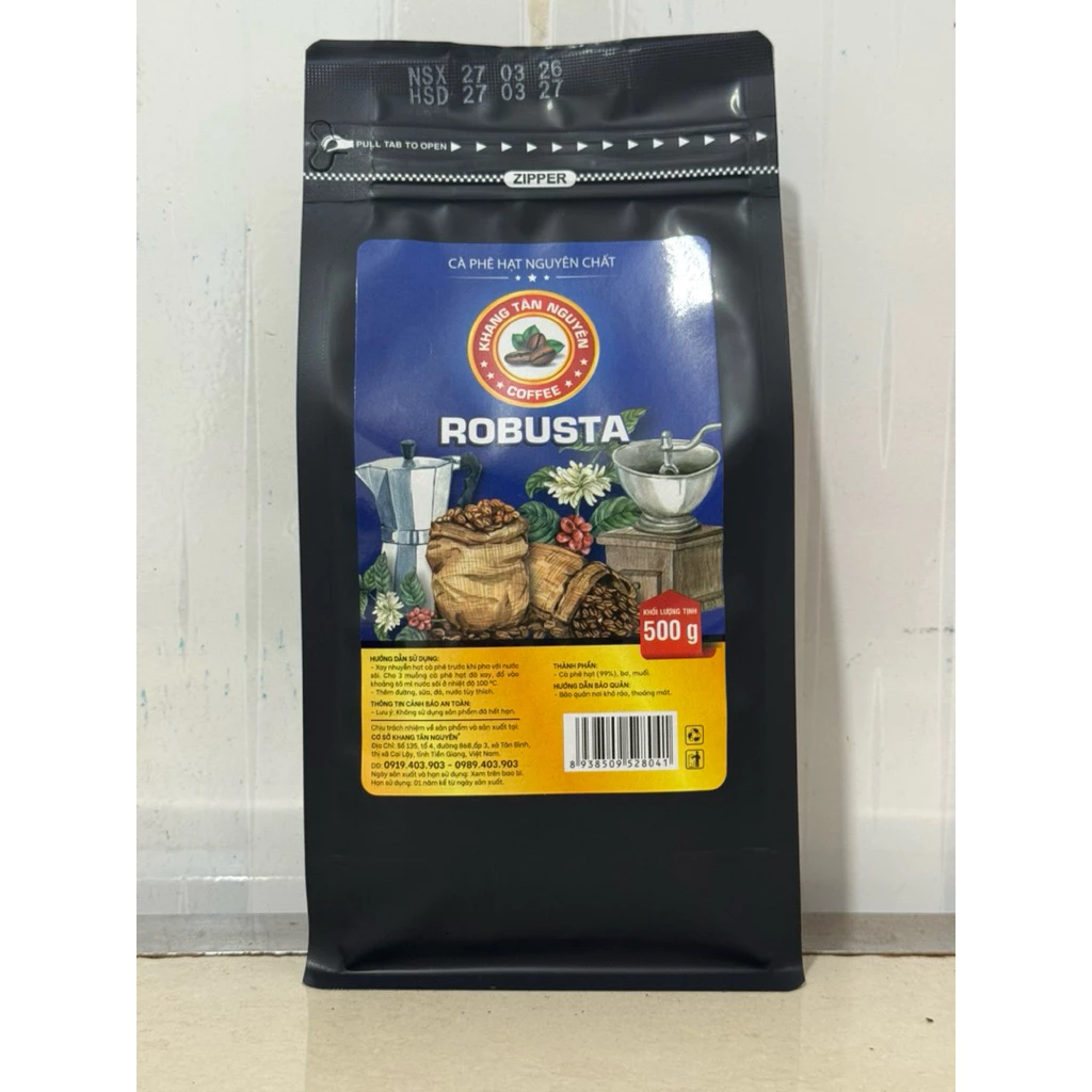 Cà Phê Rang Mộc Robusta Nguyên Chất- Gói 500gr rang Đậm / Vừa - Cà phê Khang Tân Nguyên