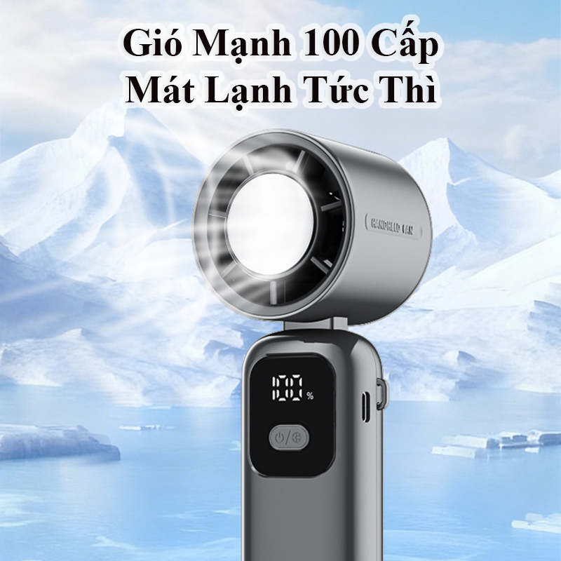 Quạt Cầm Tay Mini 100 Cấp Turbo Làm Lạnh Siêu Nhanh Gập 90° Linh Hoạt Có Dây Đeo Pin Siêu Trâu