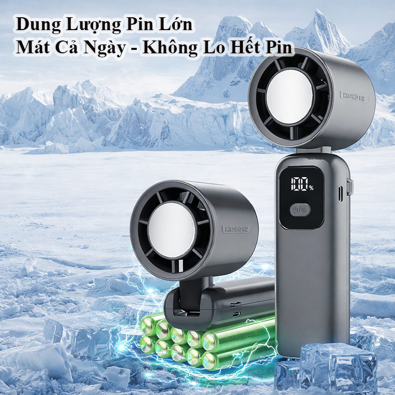 Quạt Cầm Tay Mini 100 Cấp Turbo Làm Lạnh Siêu Nhanh Gập 90° Linh Hoạt Có Dây Đeo Pin Siêu Trâu