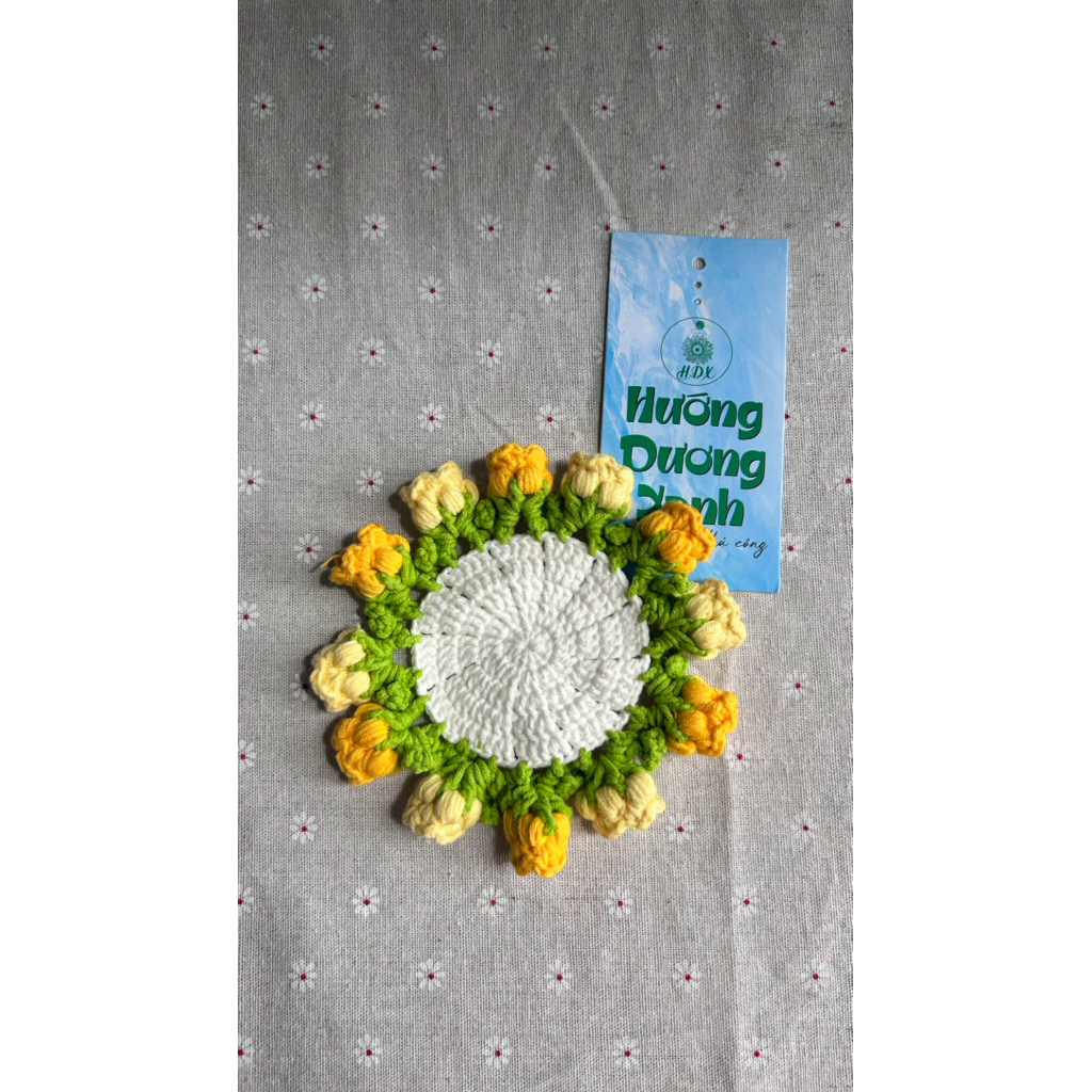 Lót ly len hoa nổi -Lót ly handmade HDX Craft &Gift