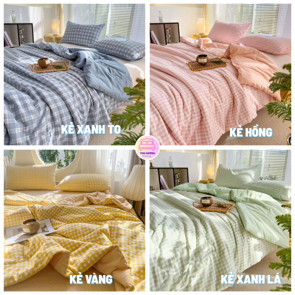 Bộ Chăn Ga Gối Kẻ CARO chất Đũi Đậu Nành, Chăn Hè Mềm Mịn Thoáng Mát Nhiều Mẫu Kích Thước 2m x 2m2