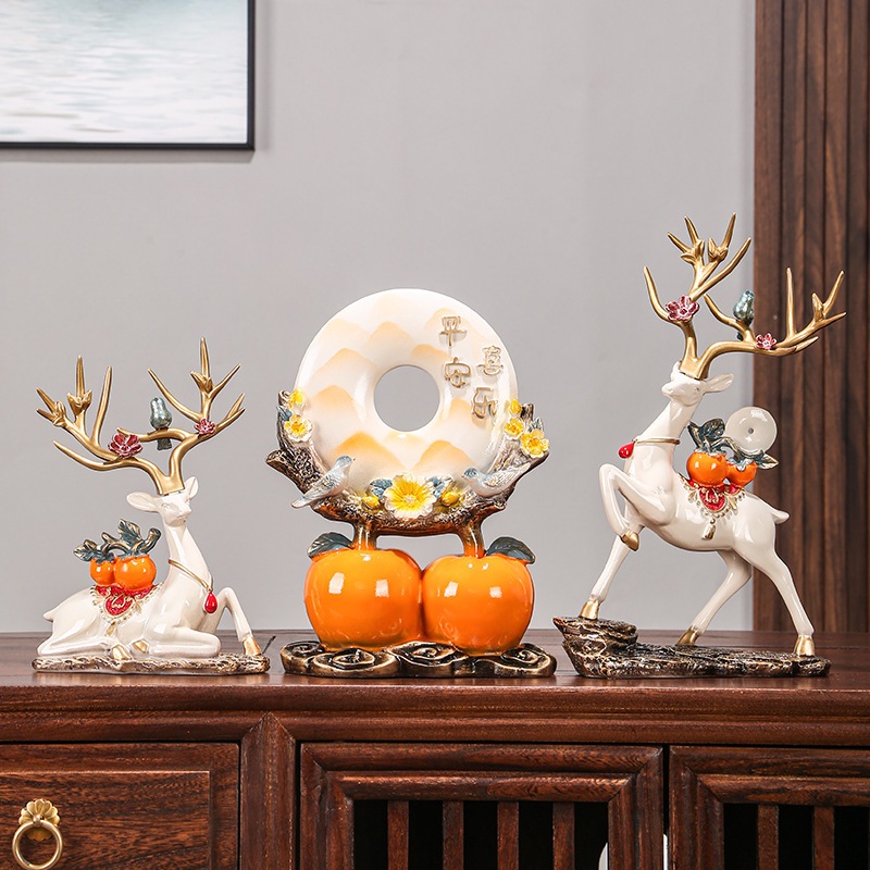 Tượng hươu kèm ngọc ngọc bội quả hồng decor nhà cửa