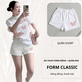 Bộ Áo Phông Nữ Chepol Form Rộng, In Bướm Hồng, Cổ Tròn, Phối Chân Váy, Chất Cotton(Áo Thun Trắng+Quần Đùi Trắng)CP_21538