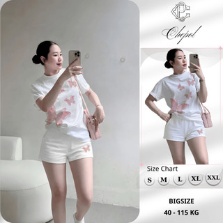 Bộ Áo Phông Nữ Chepol Form Rộng, In Bướm Hồng, Cổ Tròn, Phối Chân Váy, Chất Cotton(Áo Thun Trắng+Quần Đùi Trắng)CP_21538