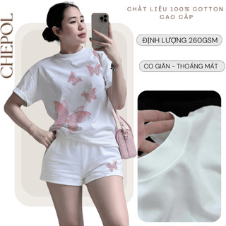 Bộ Áo Phông Nữ Chepol Form Rộng, In Bướm Hồng, Cổ Tròn, Phối Chân Váy, Chất Cotton(Áo Thun Trắng+Quần Đùi Trắng)CP_21538