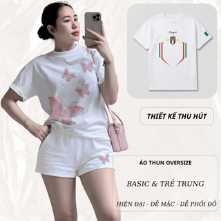 Bộ Áo Phông Nữ Chepol Form Rộng, In Bướm Hồng, Cổ Tròn, Phối Chân Váy, Chất Cotton(Áo Thun Trắng+Quần Đùi Trắng)CP_21538