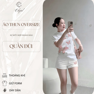 Bộ Áo Phông Nữ Chepol Form Rộng, In Bướm Hồng, Cổ Tròn, Phối Chân Váy, Chất Cotton(Áo Thun Trắng+Quần Đùi Trắng)CP_21538
