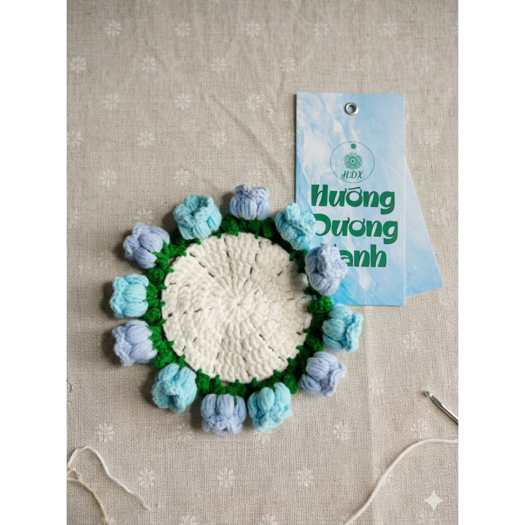 Lót ly len hoa nổi -Lót ly handmade HDX Craft &Gift