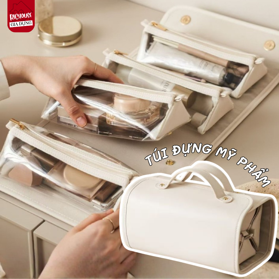 Túi Đựng Đồ Trang Điểm 4in1 Chia Ngăn Khóa Kéo Chống Bụi Richouse, Túi Đựng Mỹ Phẩm Cao Cấp