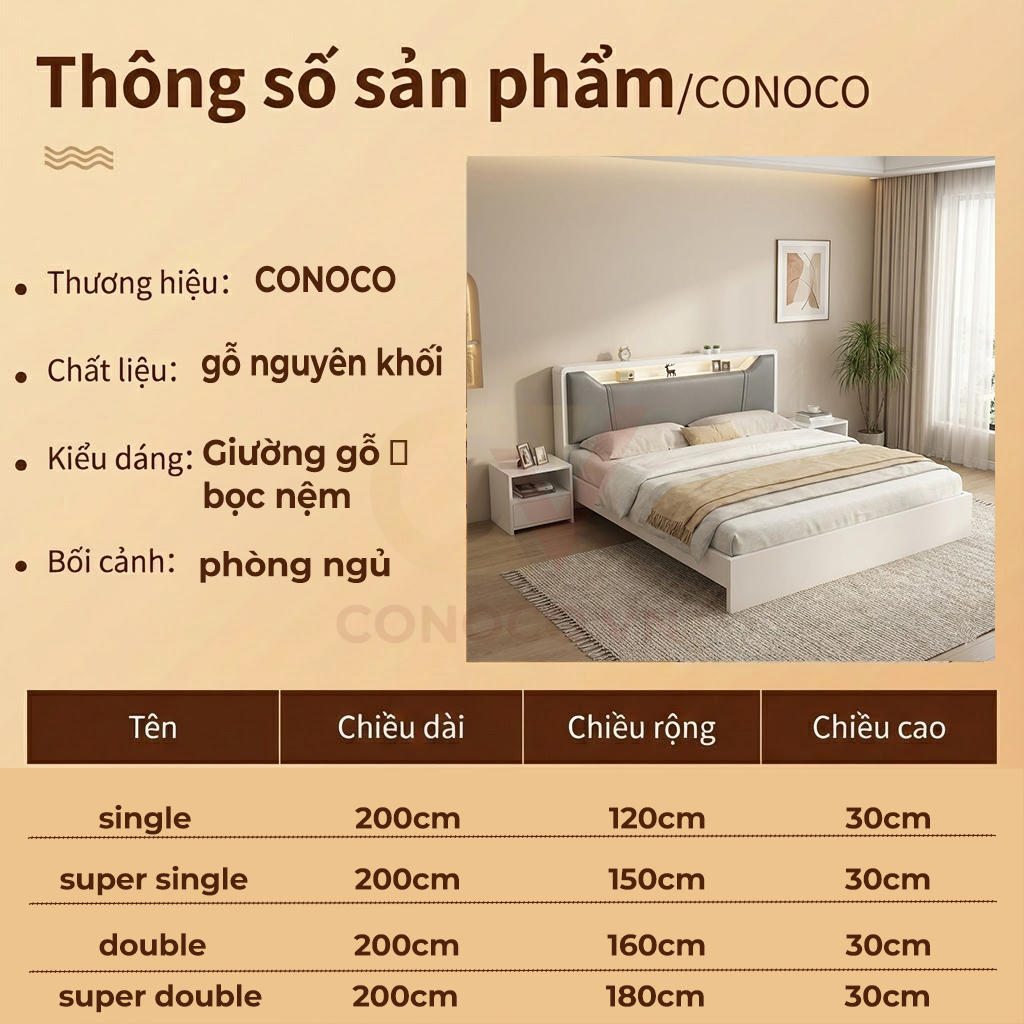 Giường Ngủ CONOCO Bọc Da Hiện Đại Khung Gỗ Chắc Chắn Không Gầm Chống Ồn Cao Cấp (1m2/1m5/1m8)