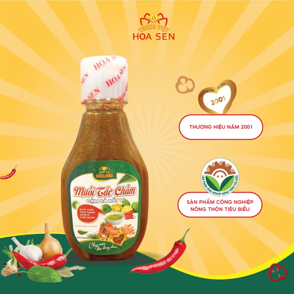 Combo Muối Chấm Tương Việt Hoa Sen: Muối ớt xanh/ớt đỏ, Muối tiêu/Muối tắc chai 185g, dùng chấm hải sản, đồ nướng