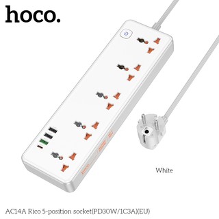 Ổ cắm điện thông minh Hoco AC14A Chân tròn, TypeC PD 30W, USB-A QC3.0 18W, 5 Socket, công suất 2500W