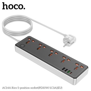 Ổ cắm điện thông minh Hoco AC14A Chân tròn, TypeC PD 30W, USB-A QC3.0 18W, 5 Socket, công suất 2500W