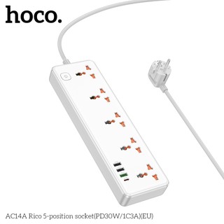 Ổ cắm điện thông minh Hoco AC14A Chân tròn, TypeC PD 30W, USB-A QC3.0 18W, 5 Socket, công suất 2500W