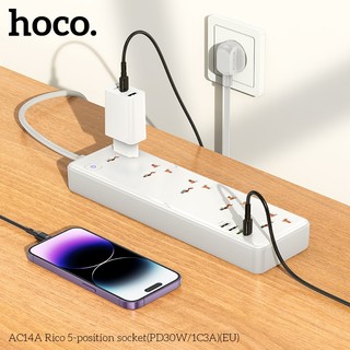 Ổ cắm điện thông minh Hoco AC14A Chân tròn, TypeC PD 30W, USB-A QC3.0 18W, 5 Socket, công suất 2500W