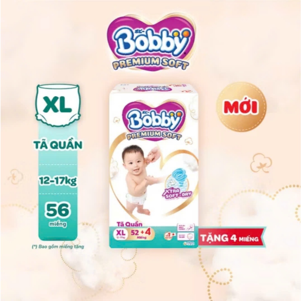 Tã quần Bobby Premium Soft mềm mại êm ái với làn da bé size M60/L56/XL52/XXL48
