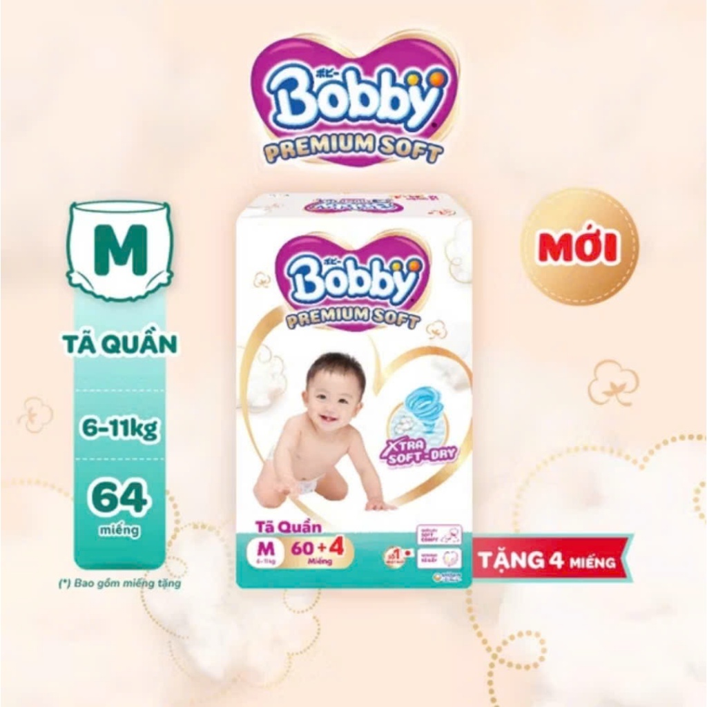 Tã quần Bobby Premium Soft mềm mại êm ái với làn da bé size M60/L56/XL52/XXL48