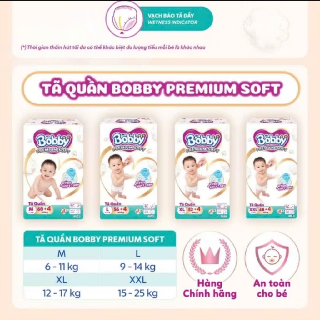 Tã quần Bobby Premium Soft mềm mại êm ái với làn da bé size M60/L56/XL52/XXL48